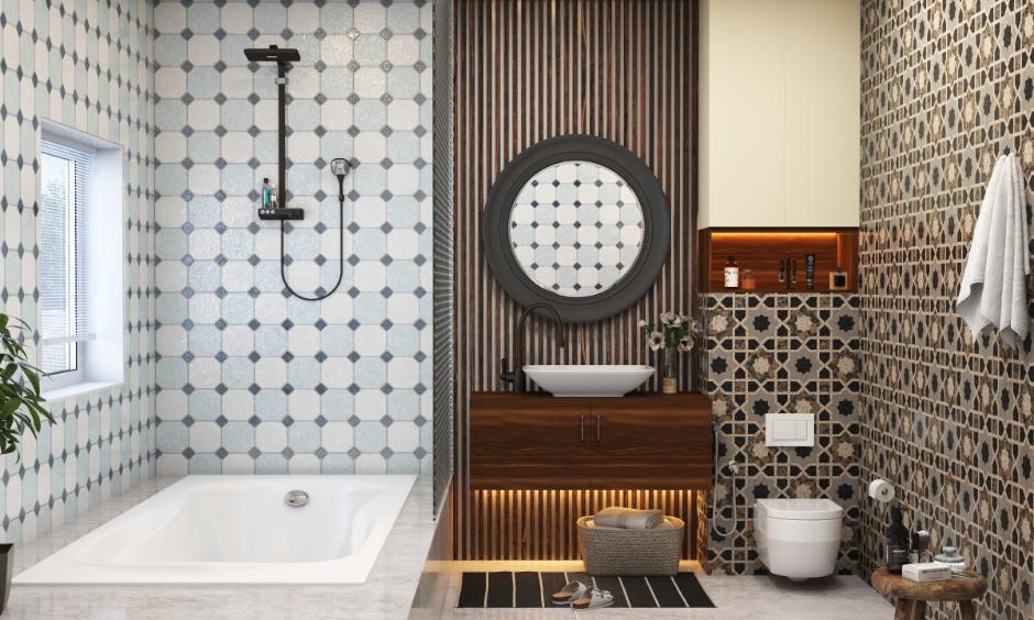 Mosaic tile Moroccan bathroom with patterned walls, floors, and stylish sink backsplash