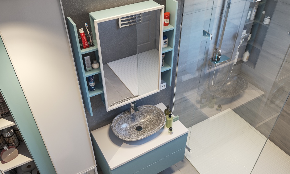 Contemporary bathroom design in sky blue and grey with vanity, bowl-shaped stone sink and under-sink storage.