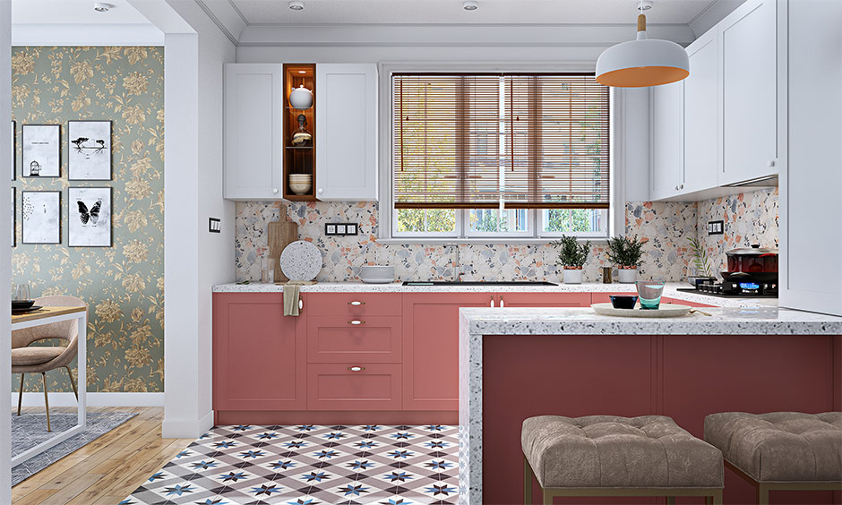 Trendy small kitchen window with roller blinds