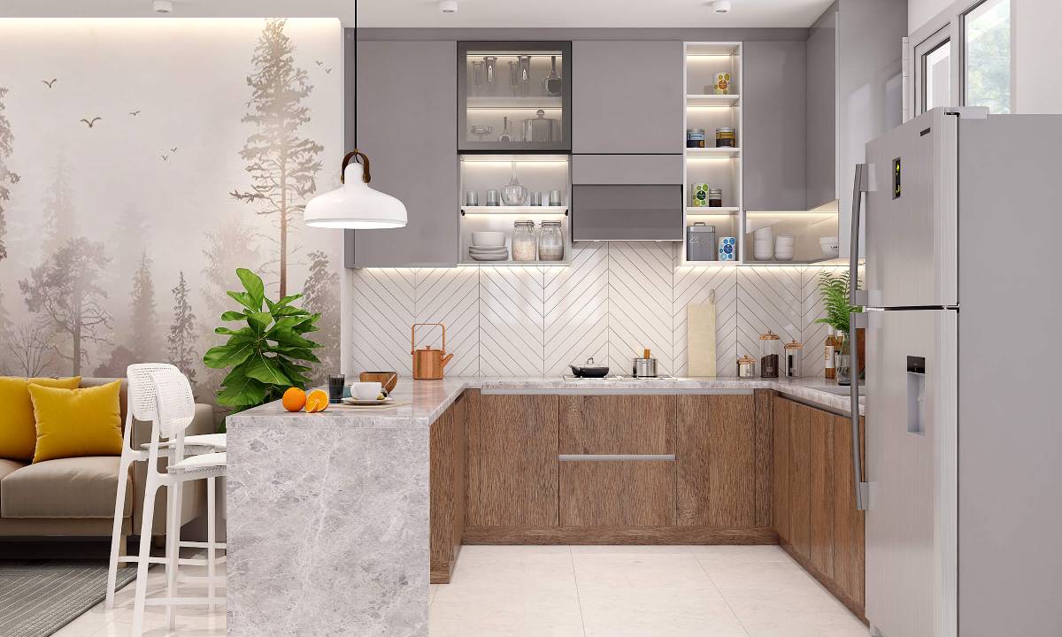 Grey and wood U-shaped modular kitchen with marble counter for kitchen price estimate