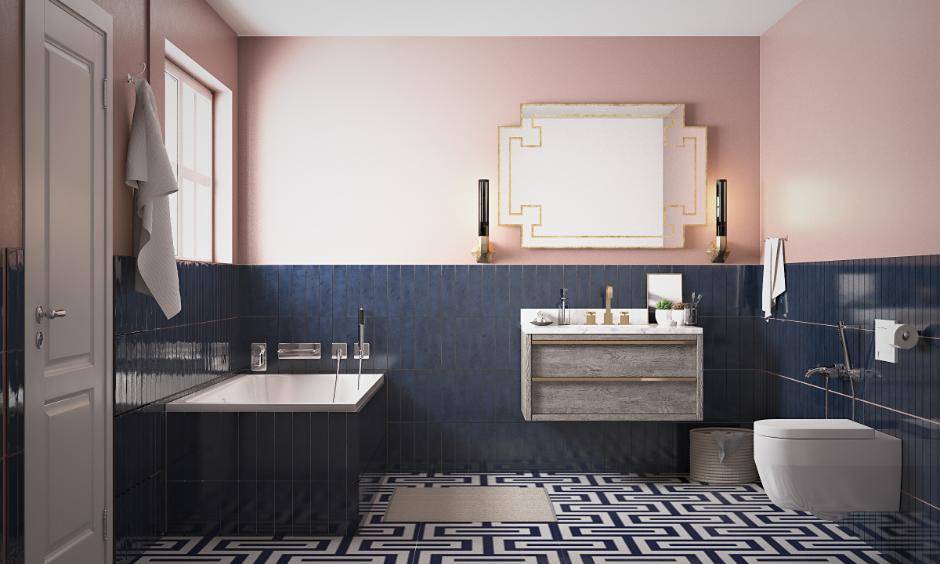 Two-toned  glossy subway wall tiles colour combination for a playful look