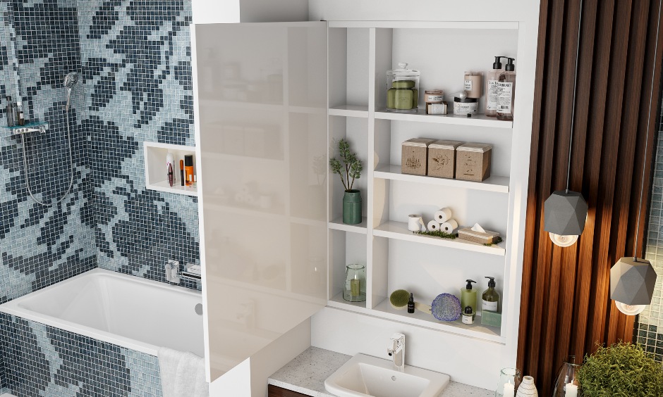 Latest bathroom design with darkwood floating vanity and hidden storage behind the mirror.