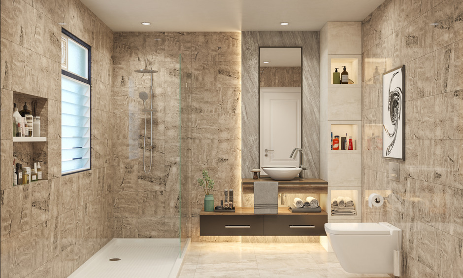 Luxury bathroom design featuring vitrified tiles, glass partition shower, and shower niches.