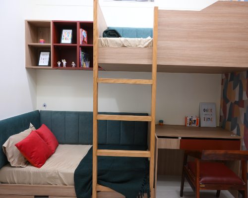 Space-saving kids bedroom with two bed and study table concept in designcafe studio