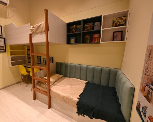 Kids room design in designcafe interior studio with study corner and wall shelves