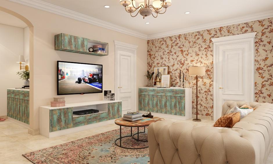 Living room showcasing classical and contemporary Italian design with marble fireplace and neutral palette.