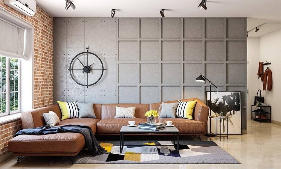 Elegant Tuscan living room in Italian style interior with a marble table, warm leather sofas, and wooden sideboards.