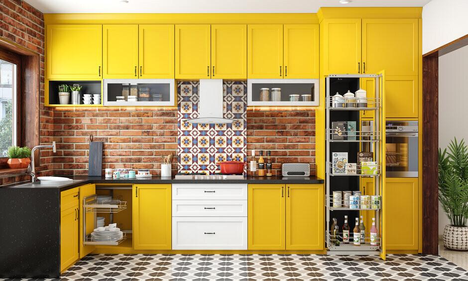 odern kitchen in a rental apartment featuring open shelves, a vibrant backsplash, and stylish decor.