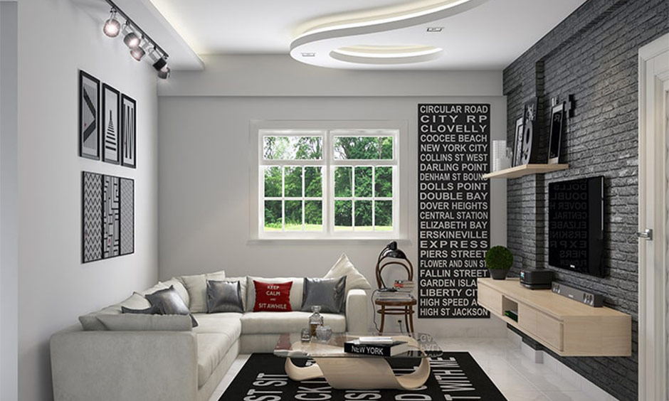 Step-by-step installation of a false ceiling, showing framework, board fixing, and lighting setup.