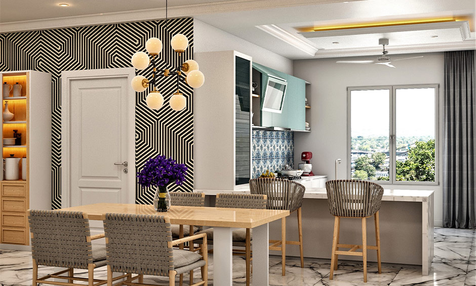 Modern open kitchen with greyish-brown curtains adding style and privacy to the white interiors.