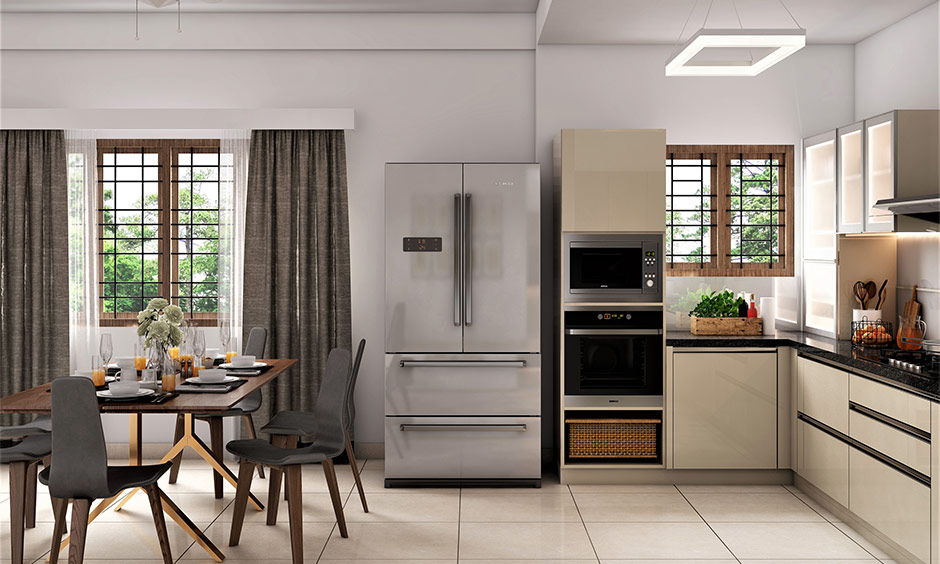 Stylish kitchen window with curtains that regulate light, add colour, and enhance the overall design aesthetic.