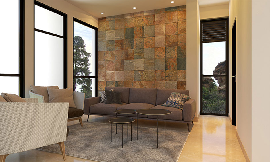 Beige vitrified tile texture adds warmth and comfort, creating a cosy atmosphere in the living room.