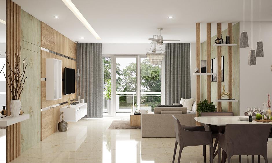 White vitrified tiles texture in a sleek open-plan living area with minimal décor and neutral furnishings.
