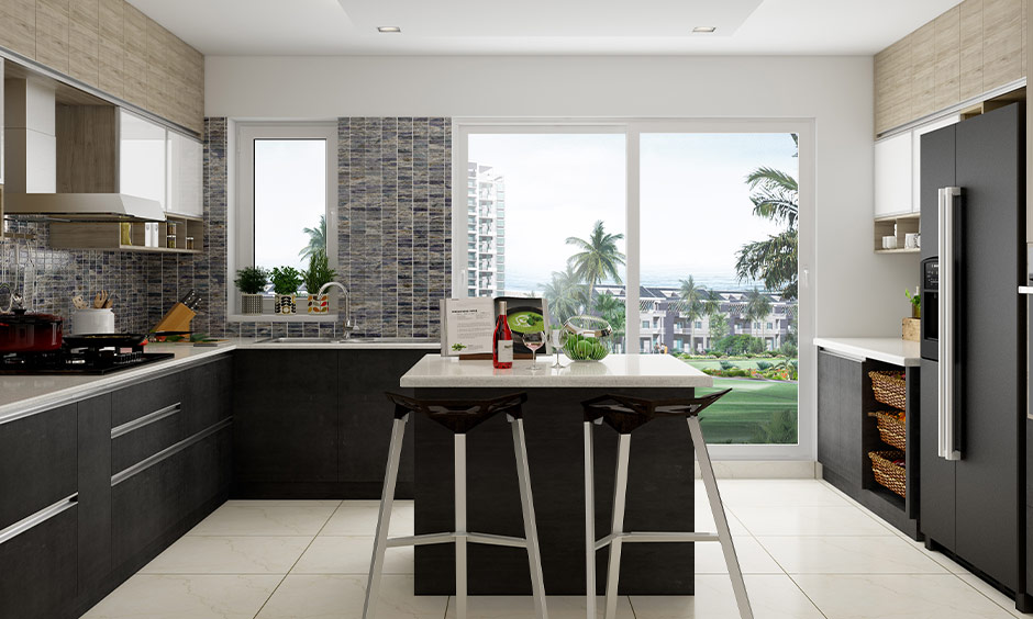 Bold modern minimalist apartment kitchen with black and white cabinets and warm wooden accents.
