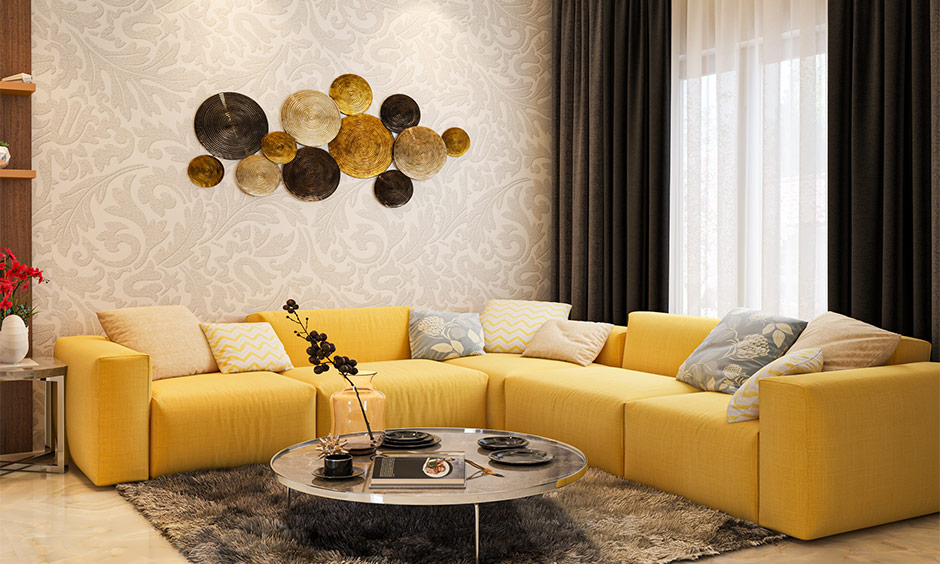 Bright modern minimalist apartment living room with a yellow sofa, artistic decor, and warm lighting.