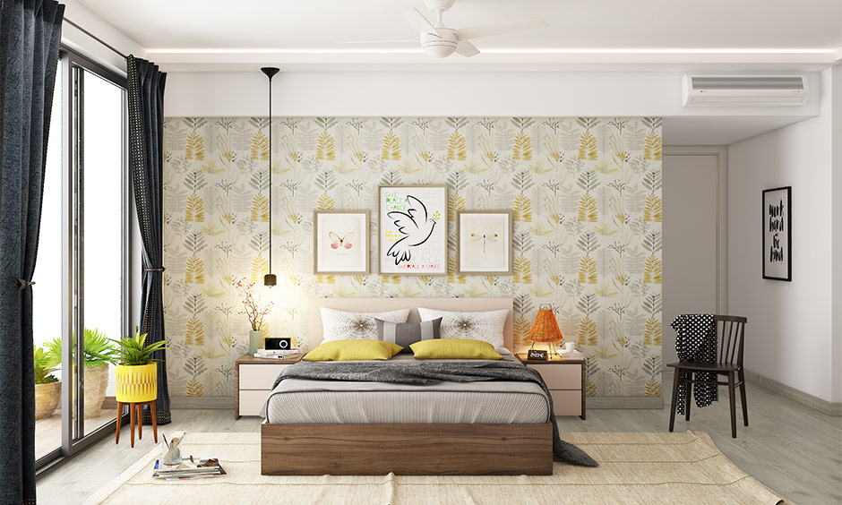 Modern minimalist bedroom in an apartment with floral wallpaper and light grey flooring for relaxation.