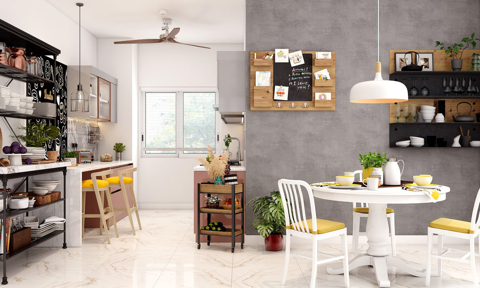 Budget-friendly modern minimalist studio apartment with an open layout and vibrant yellow accents.