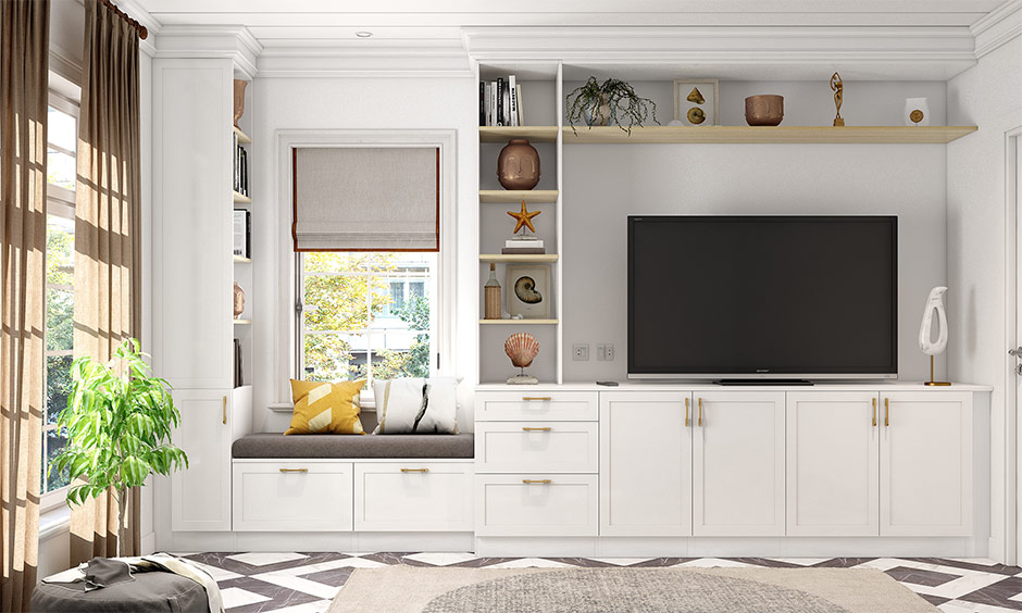 Modern minimalist apartment living room with a cohesive white theme, bay window seating, and TV showcase.