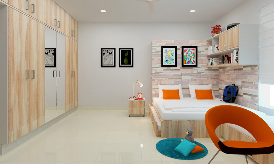 Elegant modern minimalist one-bedroom apartment with soothing colours and a space-saving platform bed.