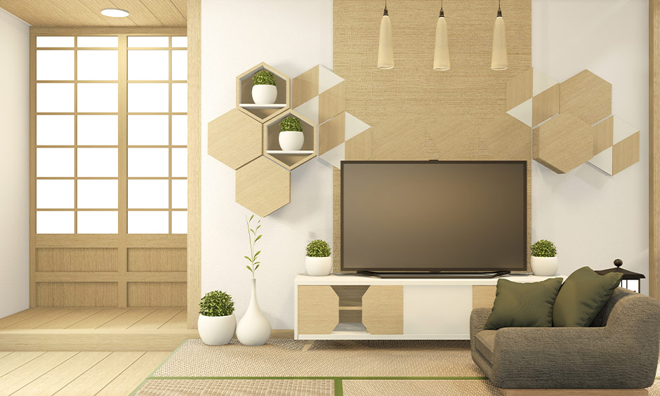 Traditional rustic modern minimalist apartment with warm colours and natural fabrics, featuring potted plants.