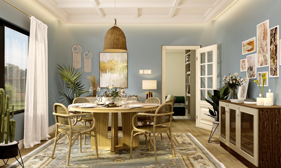 Light blue and brown combination with oak flooring and wooden accents creates an earthy, inviting vibe.