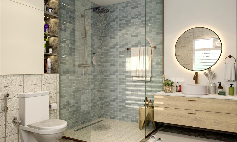 Light blue combination in bathrooms with tiles, oak textures, and brass fixtures for a serene retreat.