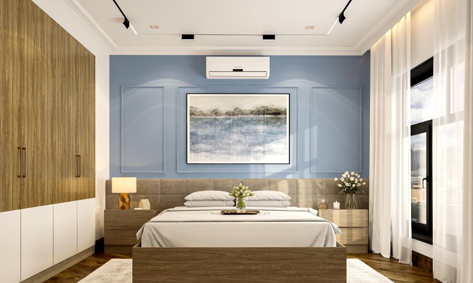 Light blue combination with crisp white for airy walls and trims, perfect for compact bedrooms and lounges.