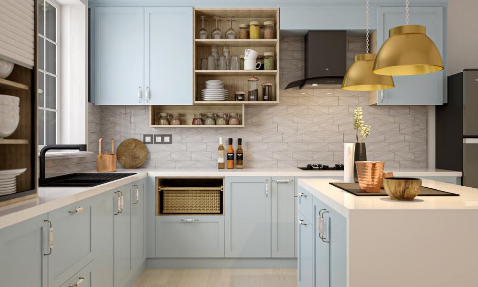 Light blue combination with brass and matte black metalwork adds contemporary elegance to interiors.