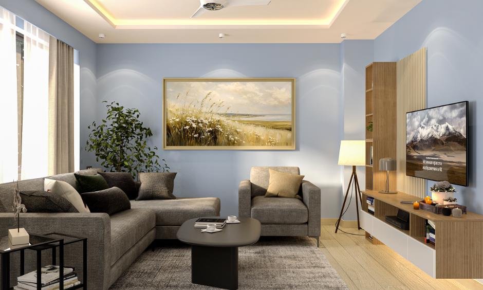 Calming colour combination for light blue walls with soft grey furnishings and elegant curtains.