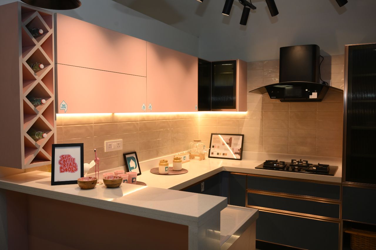 Stylish dual-tone modular kitchen interior design by DesignCafe Studio, showcasing modern elegance.