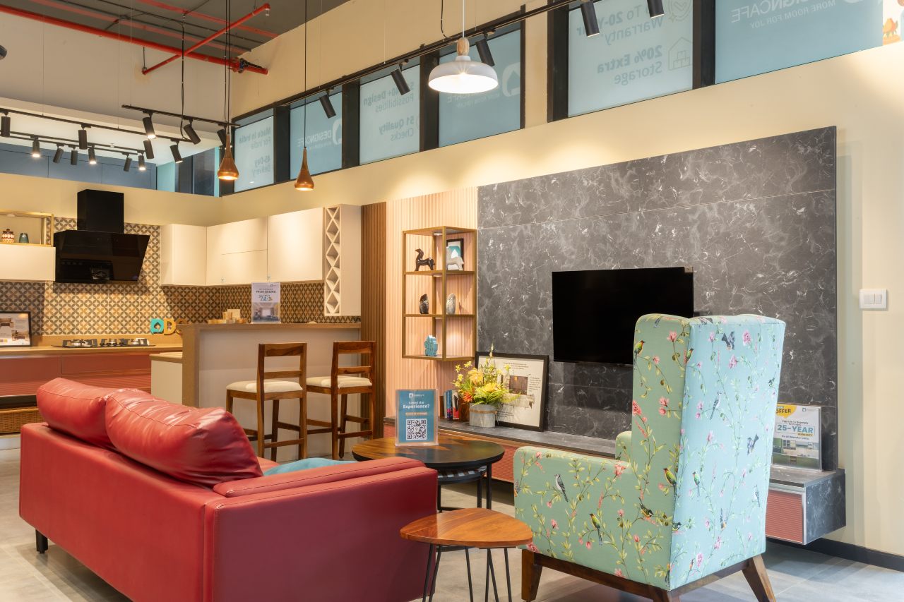 Spacious open living room design at Baner Interior Studio, blending style and comfort.