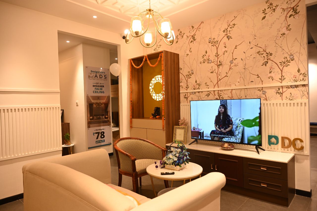 Charming compact living room interior design at DesignCafe Baramunda, optimizing space beautifully.