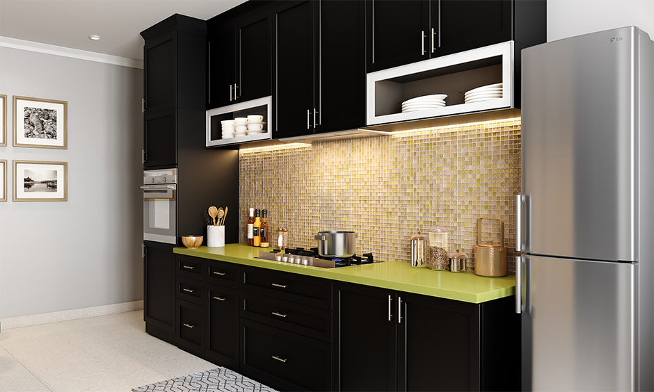 Modern kitchen with black cabinets and lime green solid surface countertop, highlighting cost-effective yet stylish kitchen platform material.