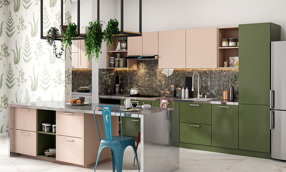 Modular kitchen design with olive green cabinets, pastel overheads, and a sleek kitchen platform top materials