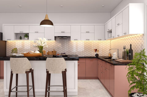 Modular kitchen platform with black granite kitchen platform material, white cabinets, and pastel drawers.