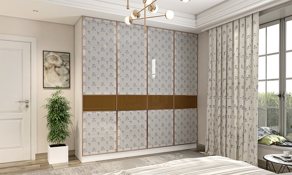3 BHK flat interior design in Bhubaneswar featuring a bedroom with a functional wardrobe, patterned finishes, and thoughtful planning.