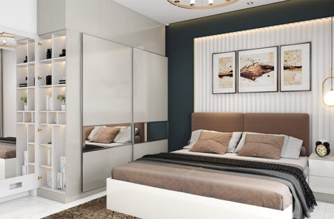 Interior design in Bhubaneswar featuring a stylish bedroom with wardrobe, space-saving shelves, and contemporary decor.