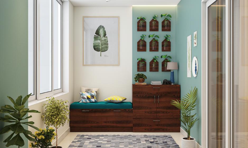 Delhi home interior with indoor plants, natural light, and wooden furniture reflecting sustainable design.