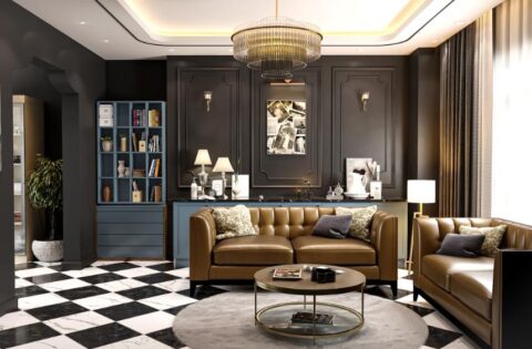 Contemporary living room with dark acrylic paint for walls, leather sofas, and a statement chandelier.