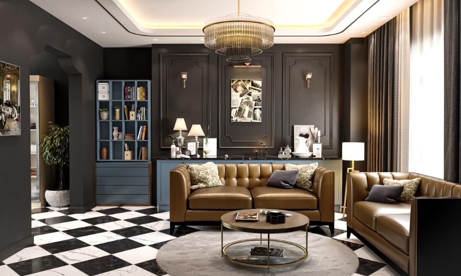 Contemporary living room with dark acrylic paint for walls, leather sofas, and a statement chandelier.