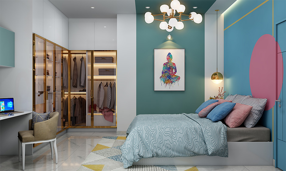 Glamorous luxury modern walk-in closet with glass doors and LED lighting inside wardrobes