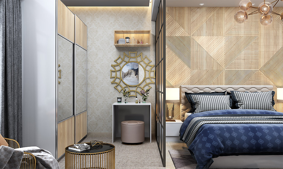 Modern bedroom with a luxury celebrity walk-in closet featuring a vanity table, mirror, and seating space.