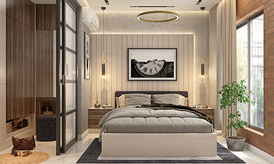 Contemporary bedroom with wood finish wardrobes and a walk-in closet entrance