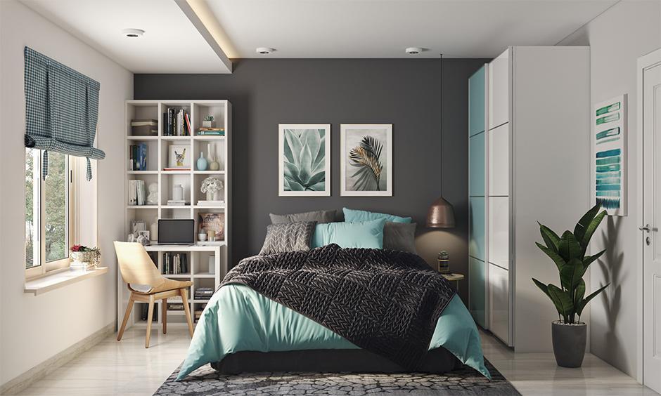 Teal and grey bedroom wall colour combination for a calm and elegant look