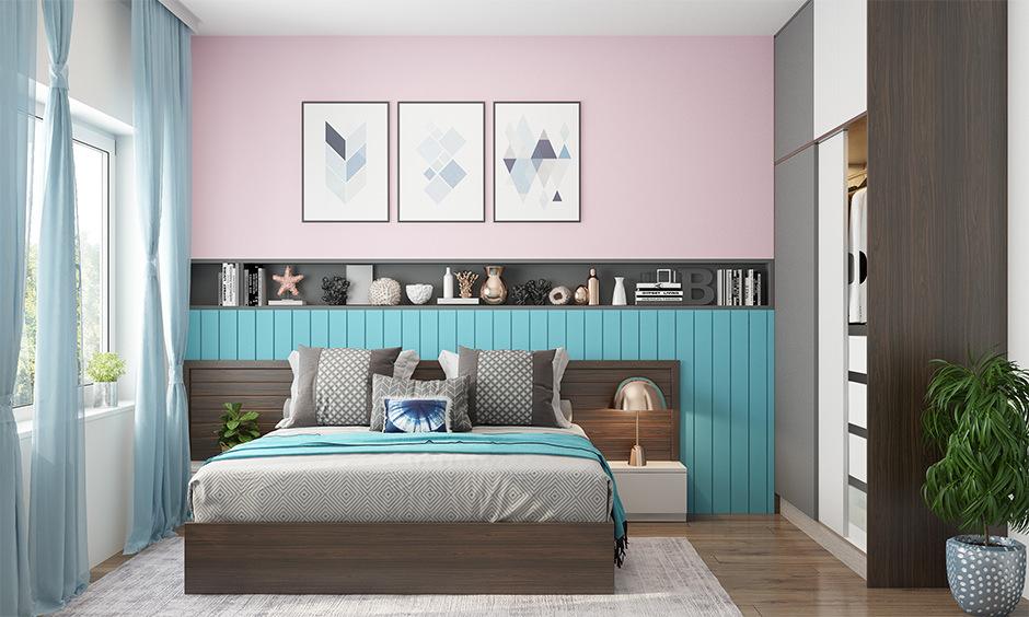 Three-colour bedroom wall combination using pink, grey, and turquoise for balanced design