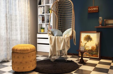 Living room with checkered matte anti-skid tiles offering a safe and stylish flooring option.