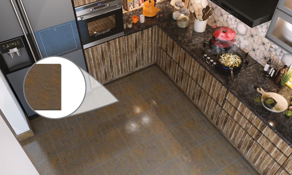 Kitchen with anti-skid tiles on the floor featuring a textured design for safety and easy maintenance.