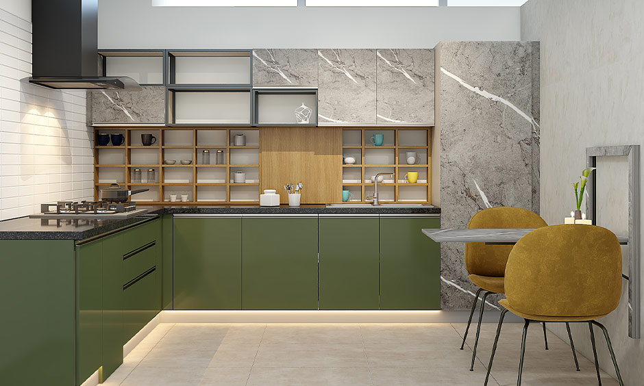 Glossy acrylic laminate kitchen cabinets with enhanced moisture resistance