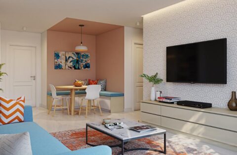 Modern living room design with TV unit, wall décor, dining nook, and sofa set.