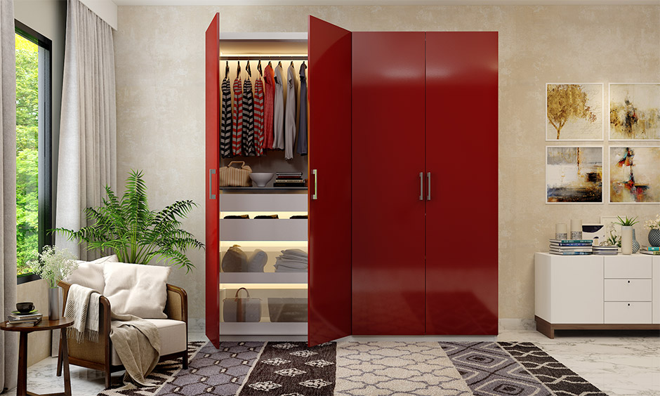 Low-budget wardrobe material and finishes in striking red colour